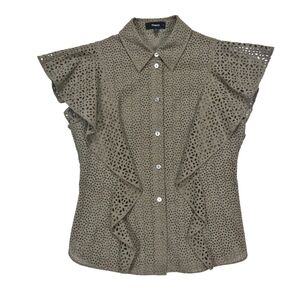 Theory Top Womens XS Nova Collared Eyelet Ruffle Button Front Top Ecru Green